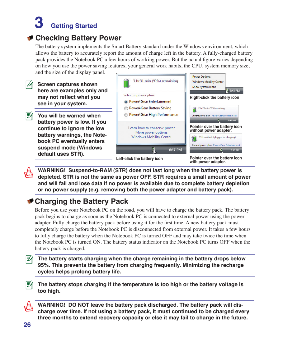Checking battery power, Charging the battery pack | Asus UL30VT User Manual | Page 26 / 82