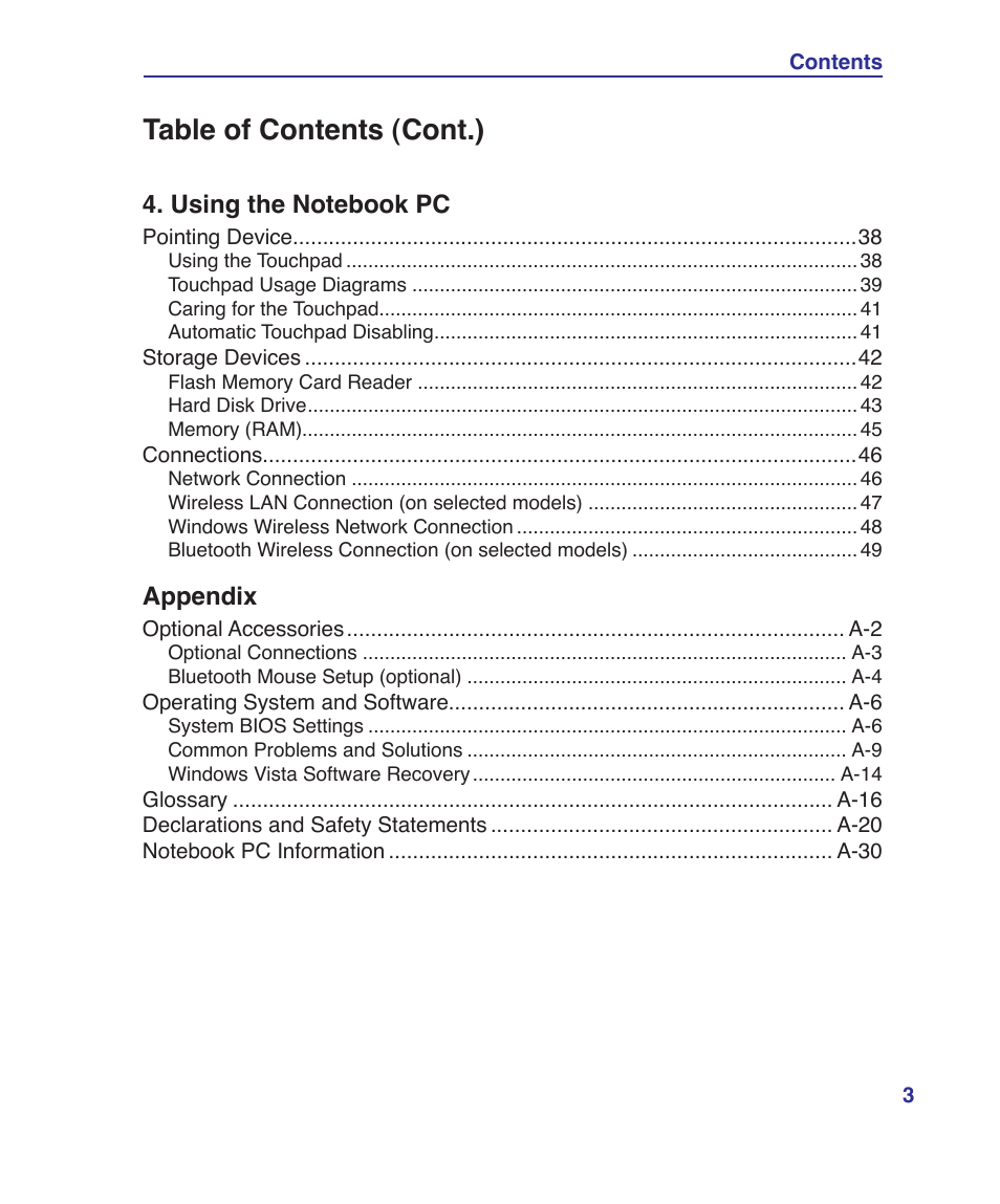 Table of contents (cont.), Appendix | Asus UL30VT User Manual | Page 3 / 82