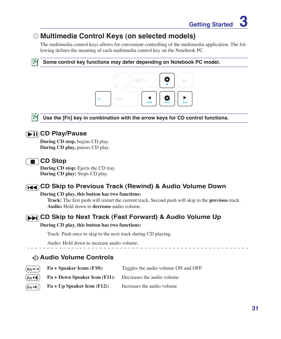 Multimedia control keys (on selected models) | Asus UL30VT User Manual | Page 31 / 82