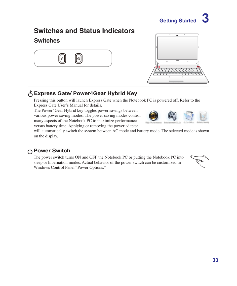 Switches and status indicators, Switches | Asus UL30VT User Manual | Page 33 / 82