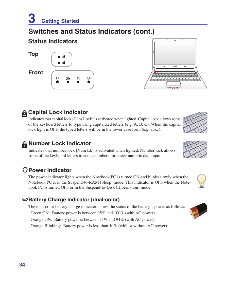 Status indicators, Switches and status indicators (cont.) | Asus UL30VT User Manual | Page 34 / 82