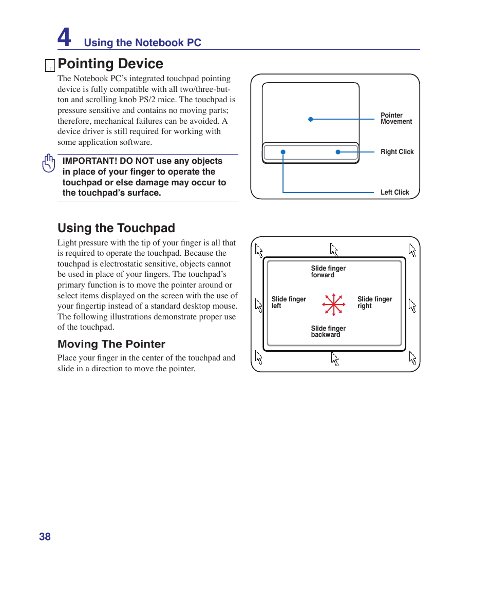 Pointing device, Using the touchpad | Asus UL30VT User Manual | Page 38 / 82
