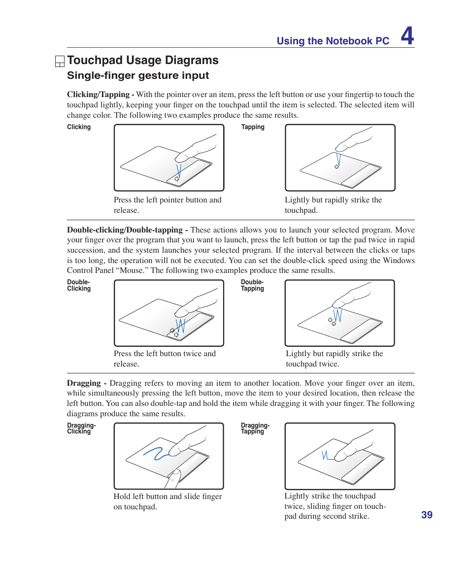 Touchpad usage diagrams | Asus UL30VT User Manual | Page 39 / 82