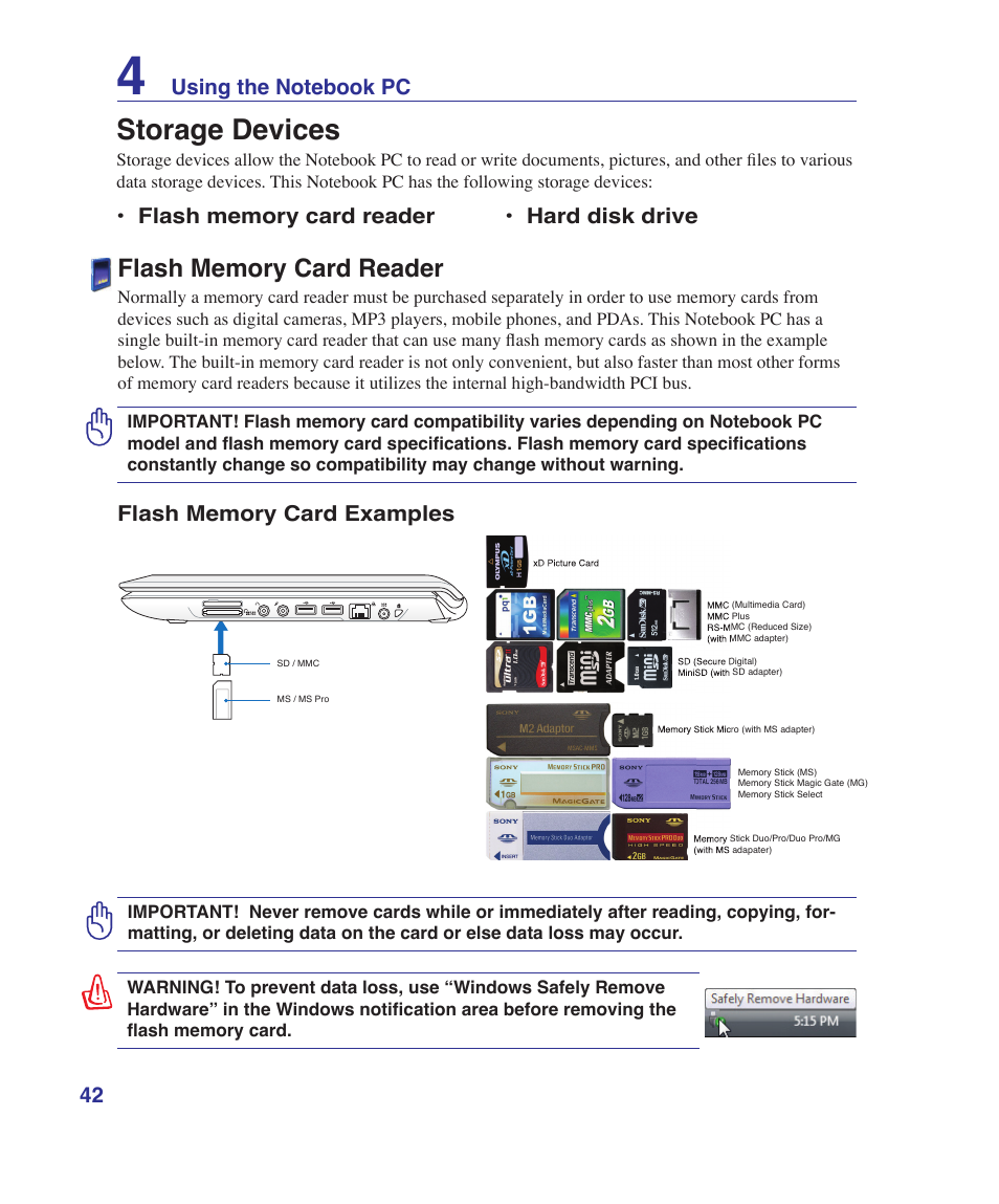 Storage devices, Flash memory card reader | Asus UL30VT User Manual | Page 42 / 82