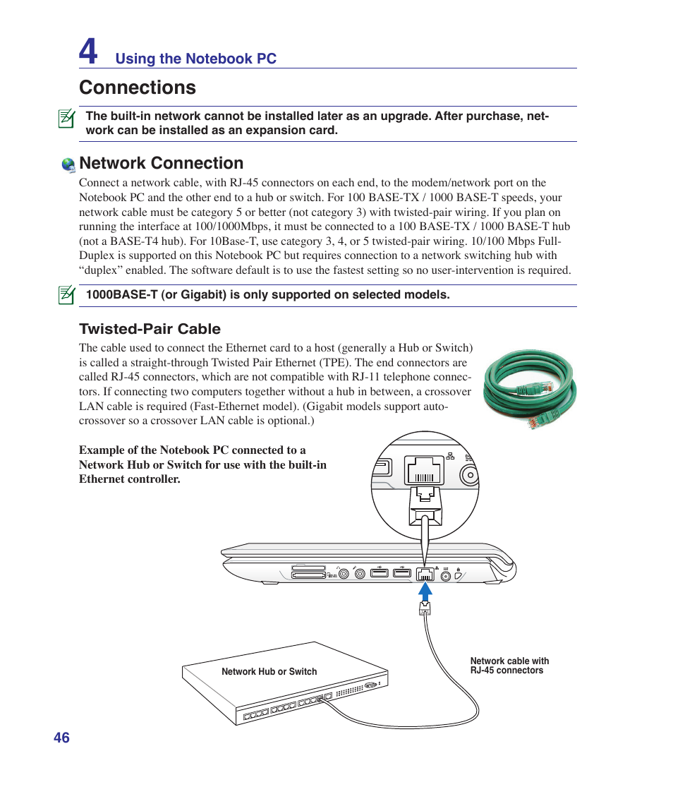 Connections, Network connection | Asus UL30VT User Manual | Page 46 / 82