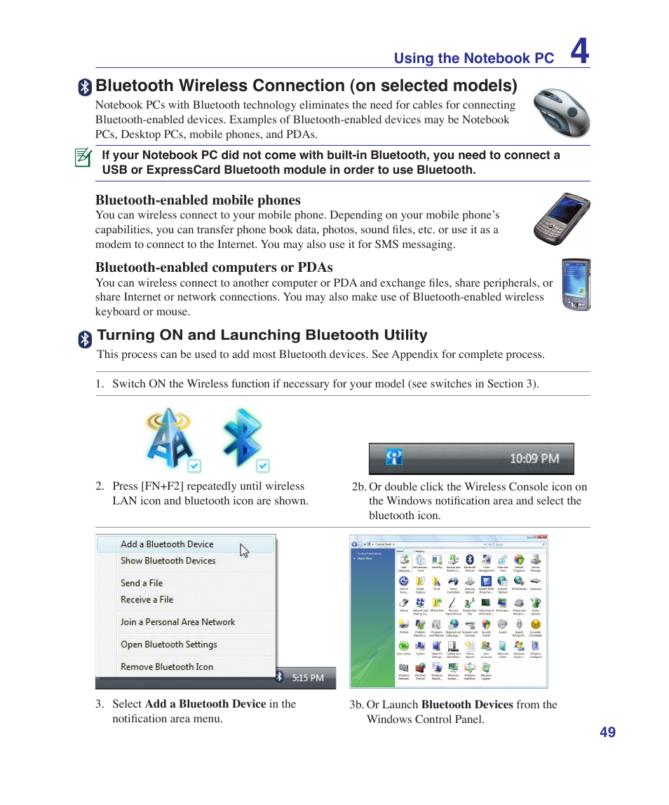 Bluetooth wireless connection (on selected models) | Asus UL30VT User Manual | Page 49 / 82