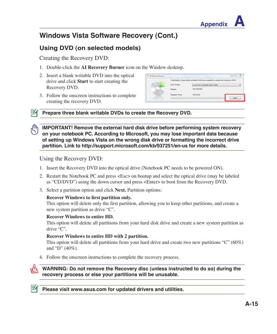 Windows vista software recovery (cont.) | Asus UL30VT User Manual | Page 65 / 82