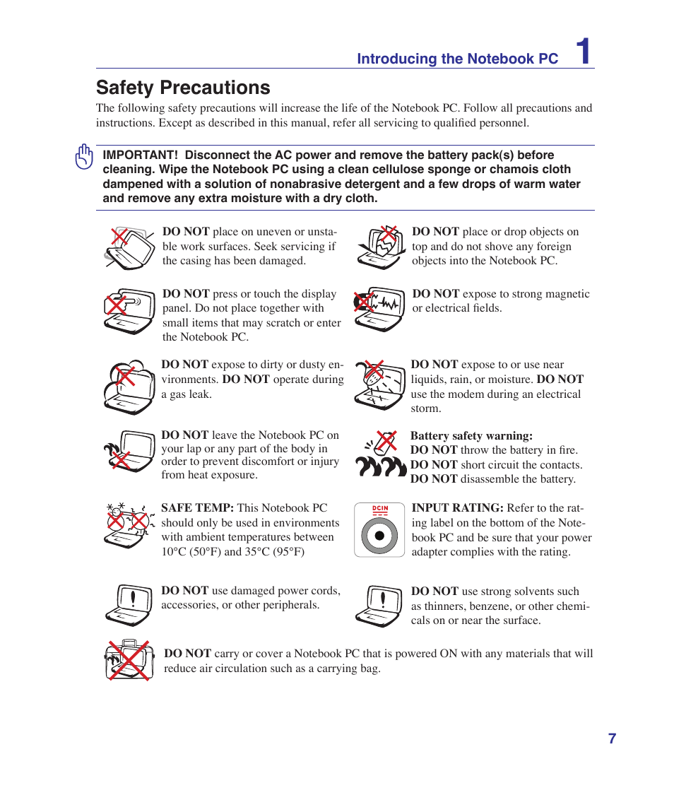 Safety precautions | Asus UL30VT User Manual | Page 7 / 82