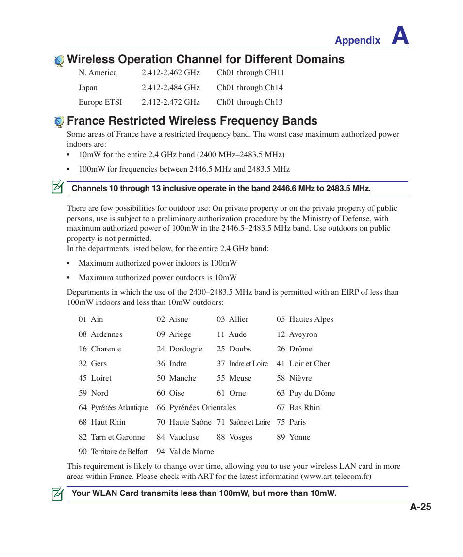 France restricted wireless frequency bands, Wireless operation channel for different domains | Asus UL30VT User Manual | Page 75 / 82