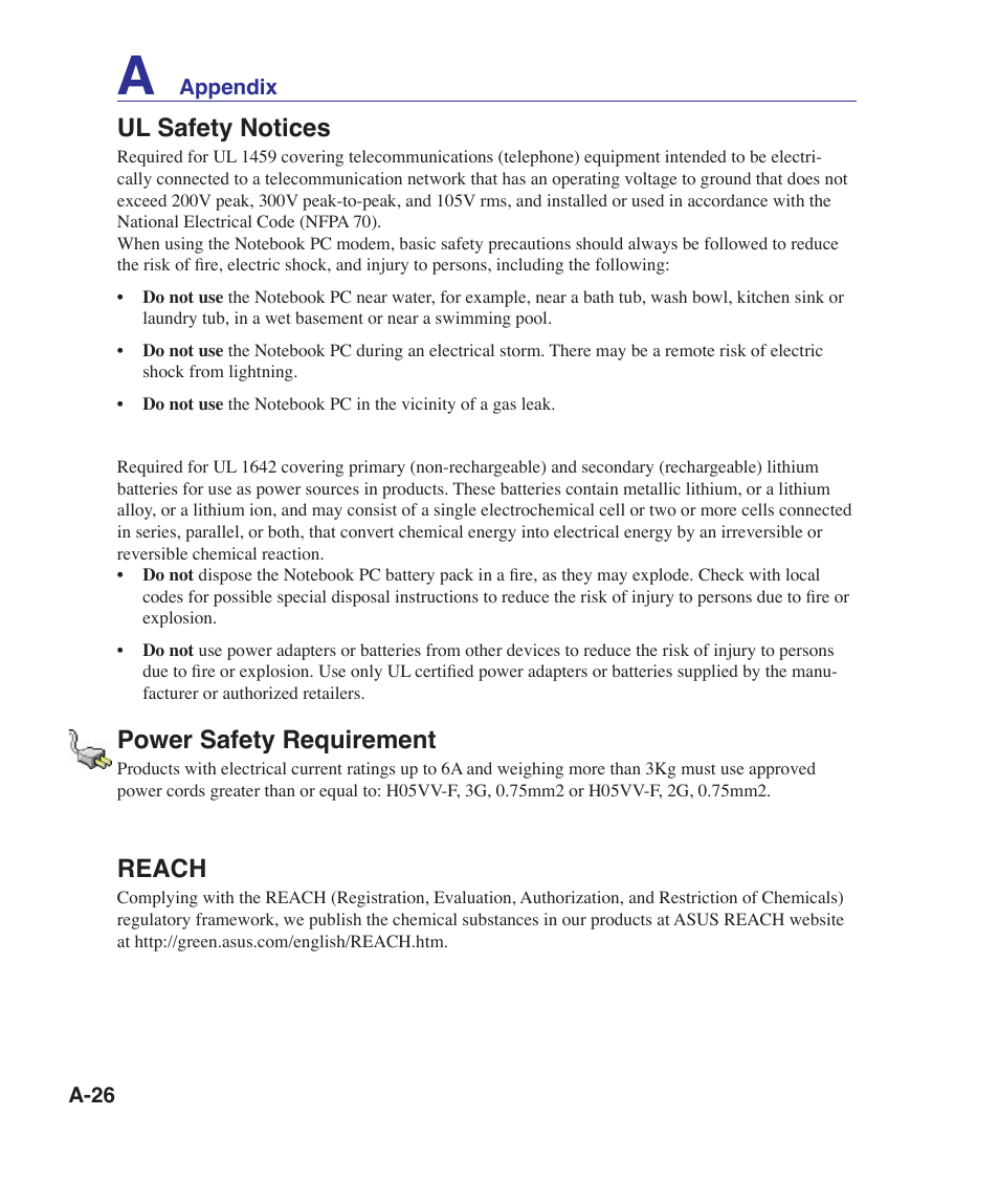 Ul safety notices, Power safety requirement, Reach | Asus UL30VT User Manual | Page 76 / 82