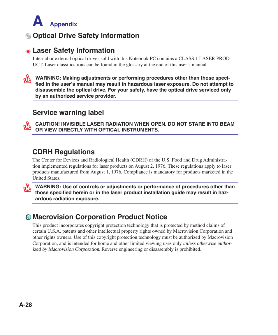 Service warning label, Cdrh regulations, Macrovision corporation product notice | Asus UL30VT User Manual | Page 78 / 82