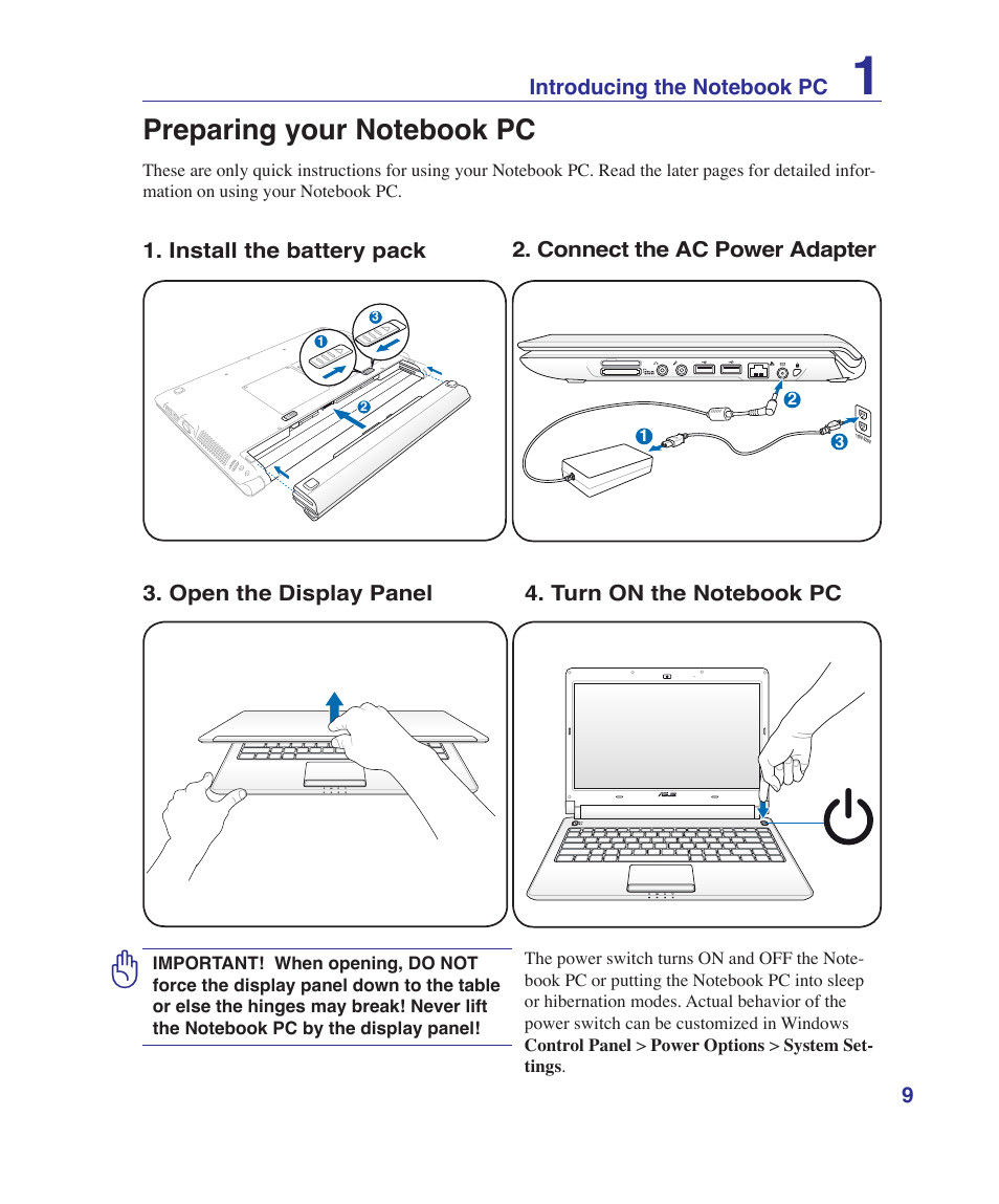 Preparing your notebook pc | Asus UL30VT User Manual | Page 9 / 82