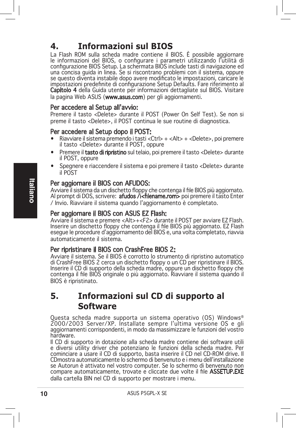 Informazioni sul bios, Informazioni sul cd di supporto al software, Italiano | Asus P5GPL-X SE User Manual | Page 10 / 38