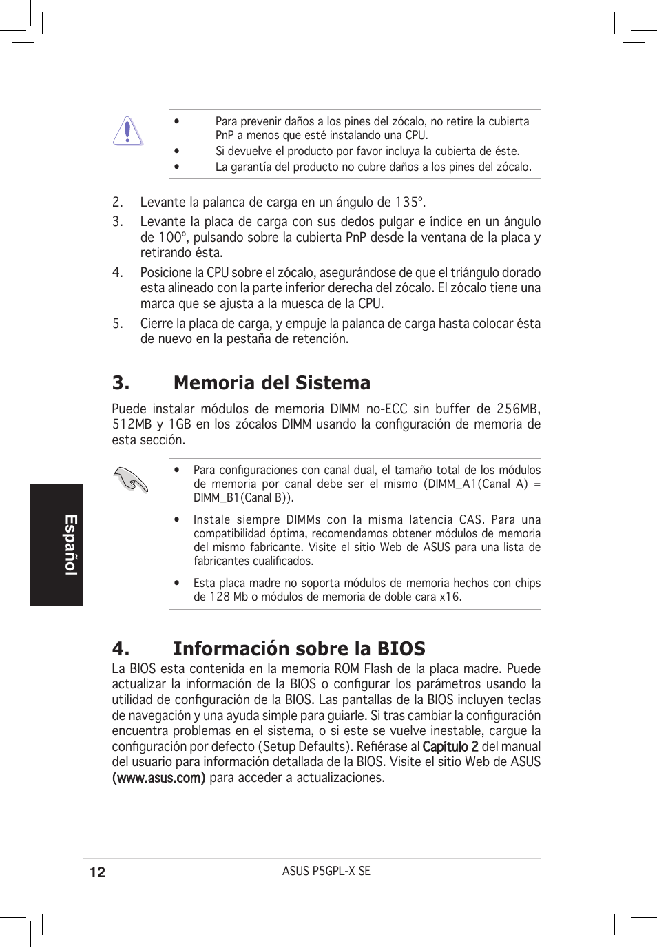 Información sobre la bios, Español | Asus P5GPL-X SE User Manual | Page 12 / 38