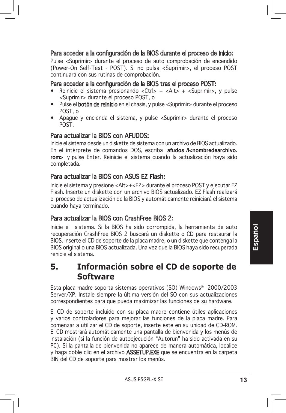 Información sobre el cd de soporte de software, Español | Asus P5GPL-X SE User Manual | Page 13 / 38