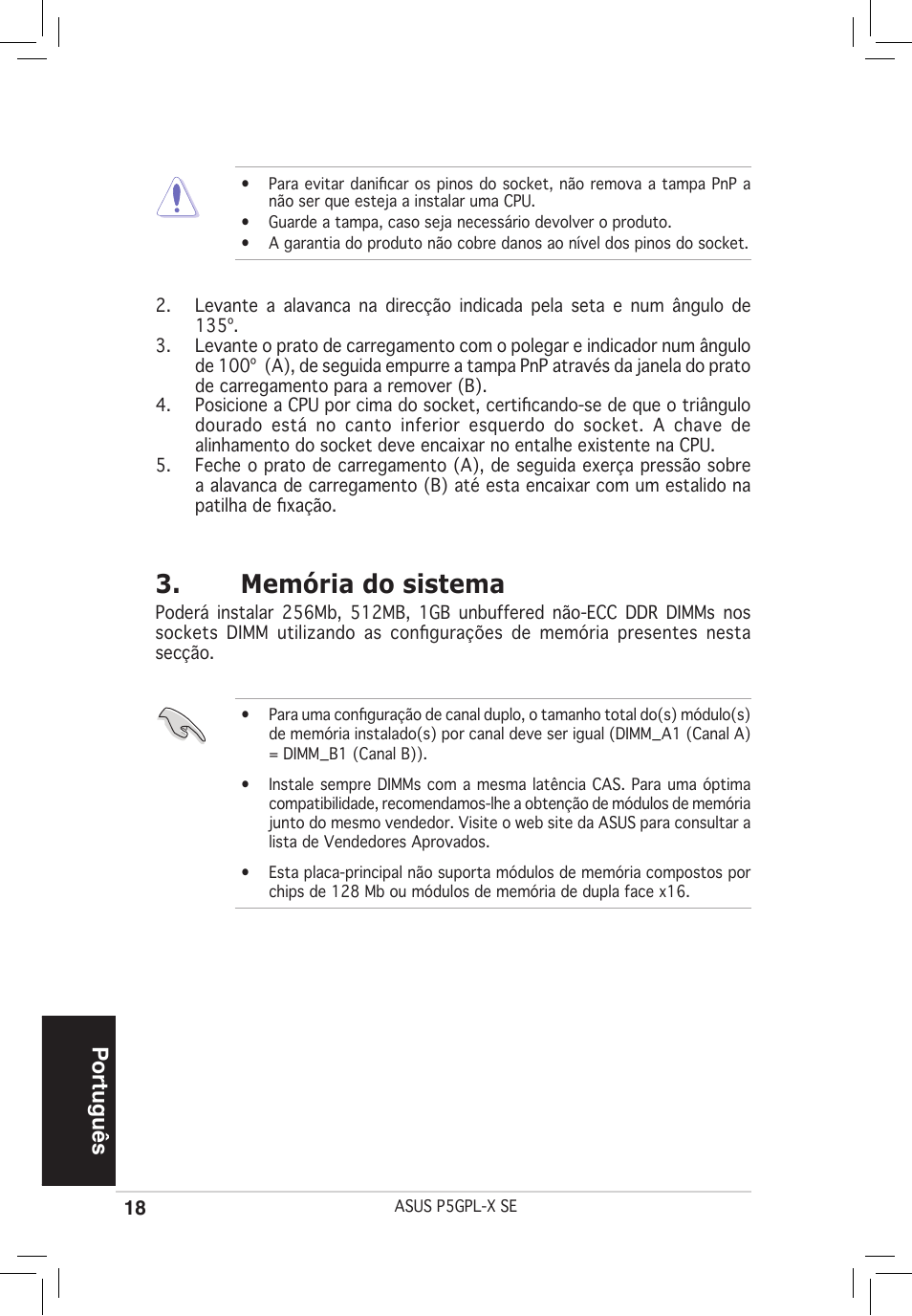 Memória do sistema, Português | Asus P5GPL-X SE User Manual | Page 18 / 38