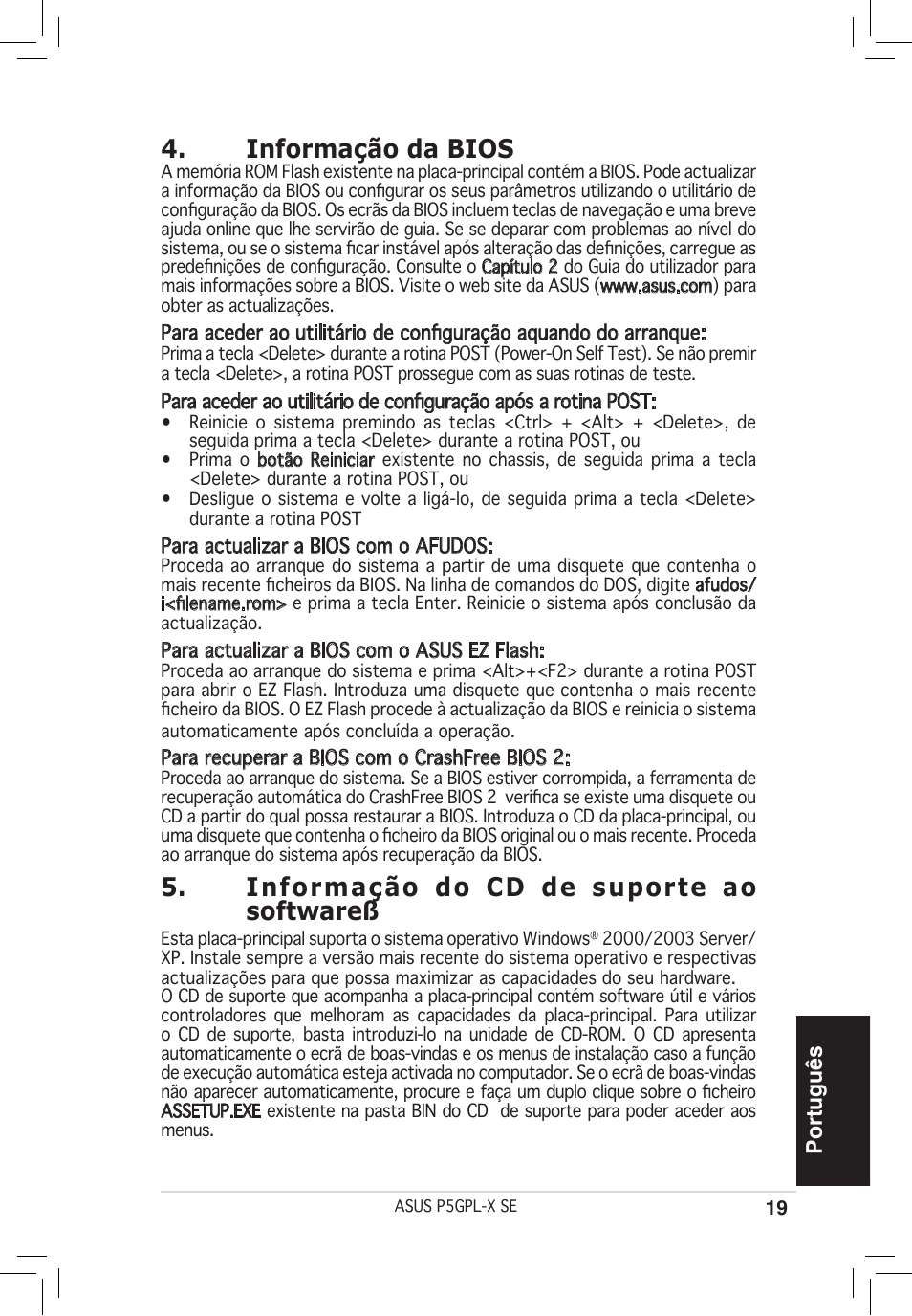 Informação da bios, Informação do cd de suporte ao softwareß, Português | Asus P5GPL-X SE User Manual | Page 19 / 38