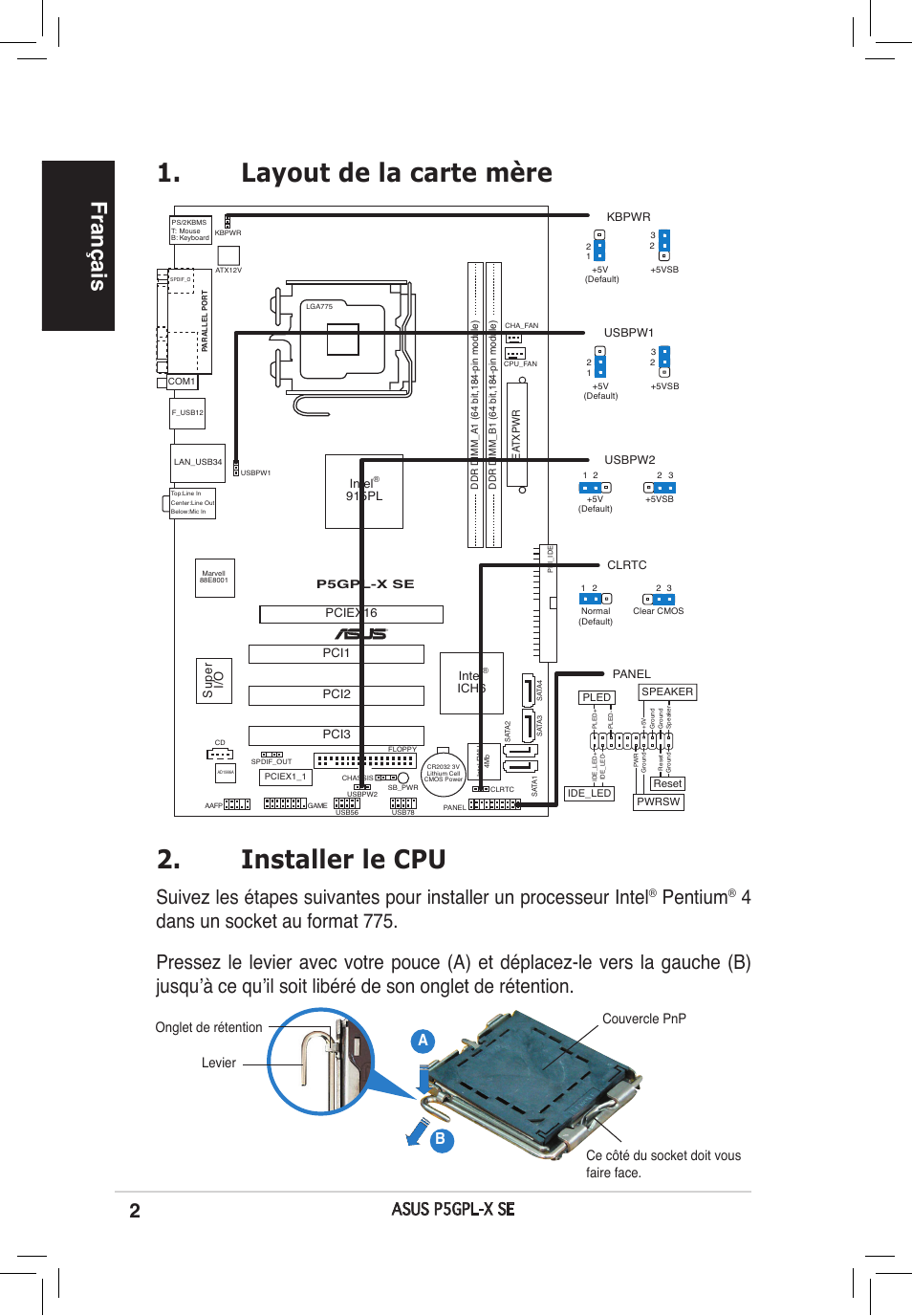 Installer le cpu, Layout de la carte mère, Français | Pentium, Asus p5gpl-x se | Asus P5GPL-X SE User Manual | Page 2 / 38