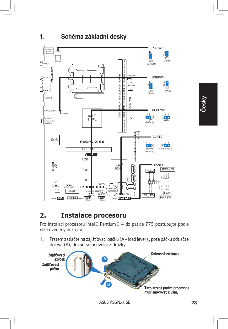 Instalace procesoru, Schéma základní desky, Česky | Asus p5gpl-x se | Asus P5GPL-X SE User Manual | Page 23 / 38