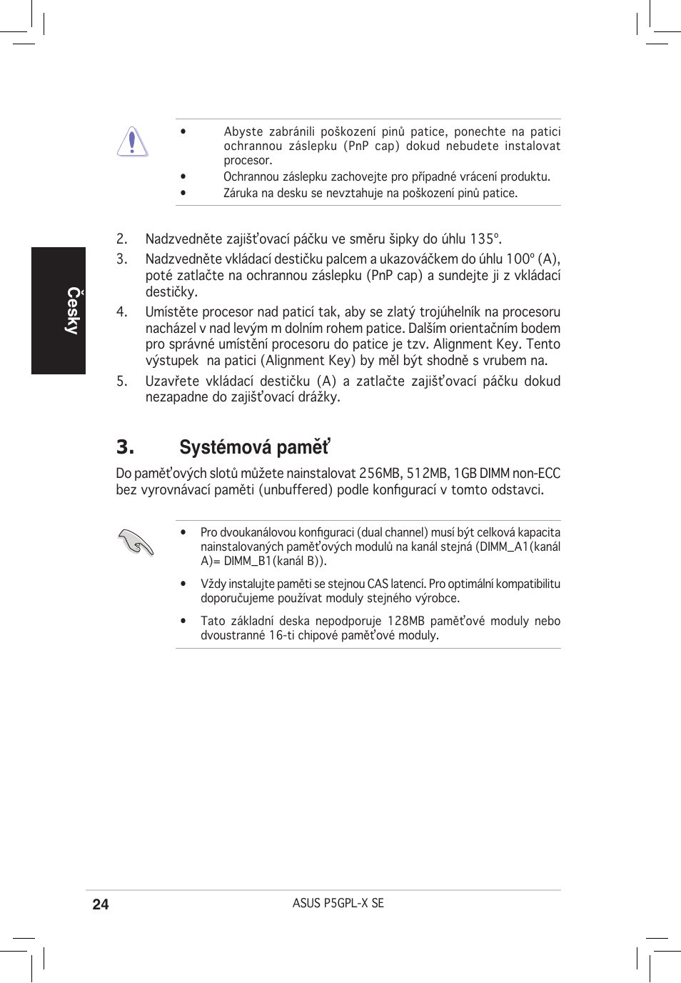 Systémová paměť, Česky | Asus P5GPL-X SE User Manual | Page 24 / 38