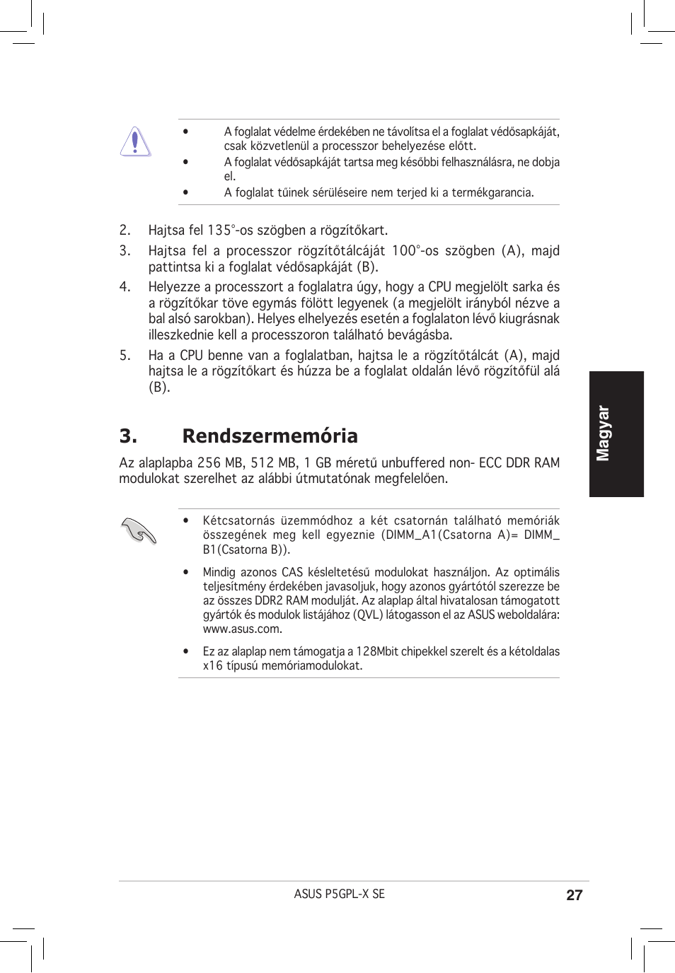 Rendszermemória, Magyar | Asus P5GPL-X SE User Manual | Page 27 / 38