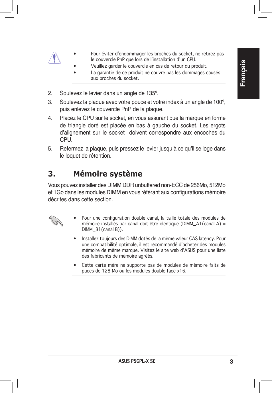 Mémoire système, Français | Asus P5GPL-X SE User Manual | Page 3 / 38