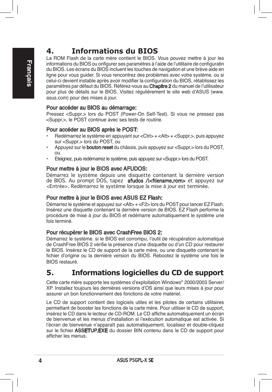 Informations du bios, Informations logicielles du cd de support, Français | Asus P5GPL-X SE User Manual | Page 4 / 38