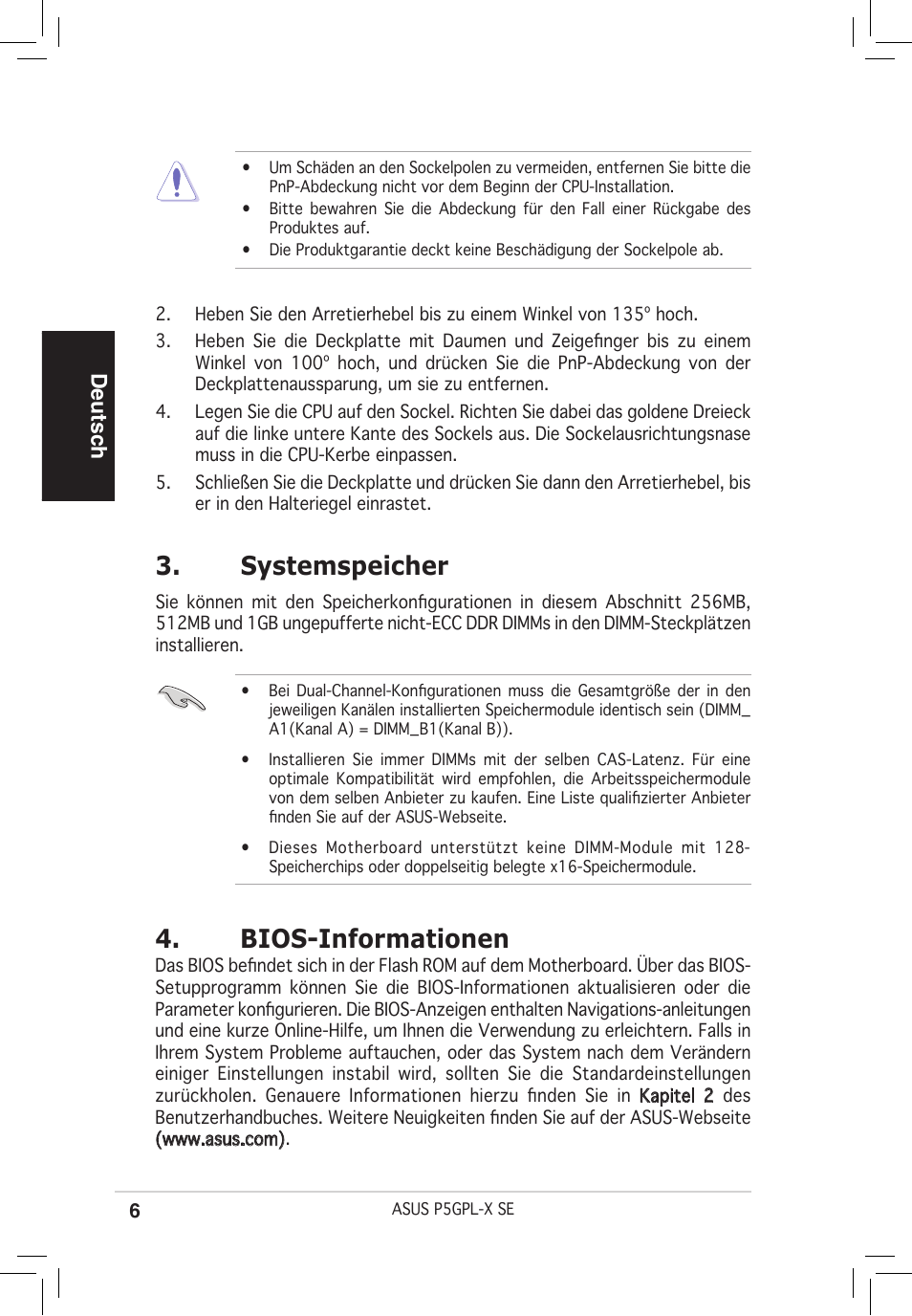 Systemspeicher, Bios-informationen, Deutsch | Asus P5GPL-X SE User Manual | Page 6 / 38