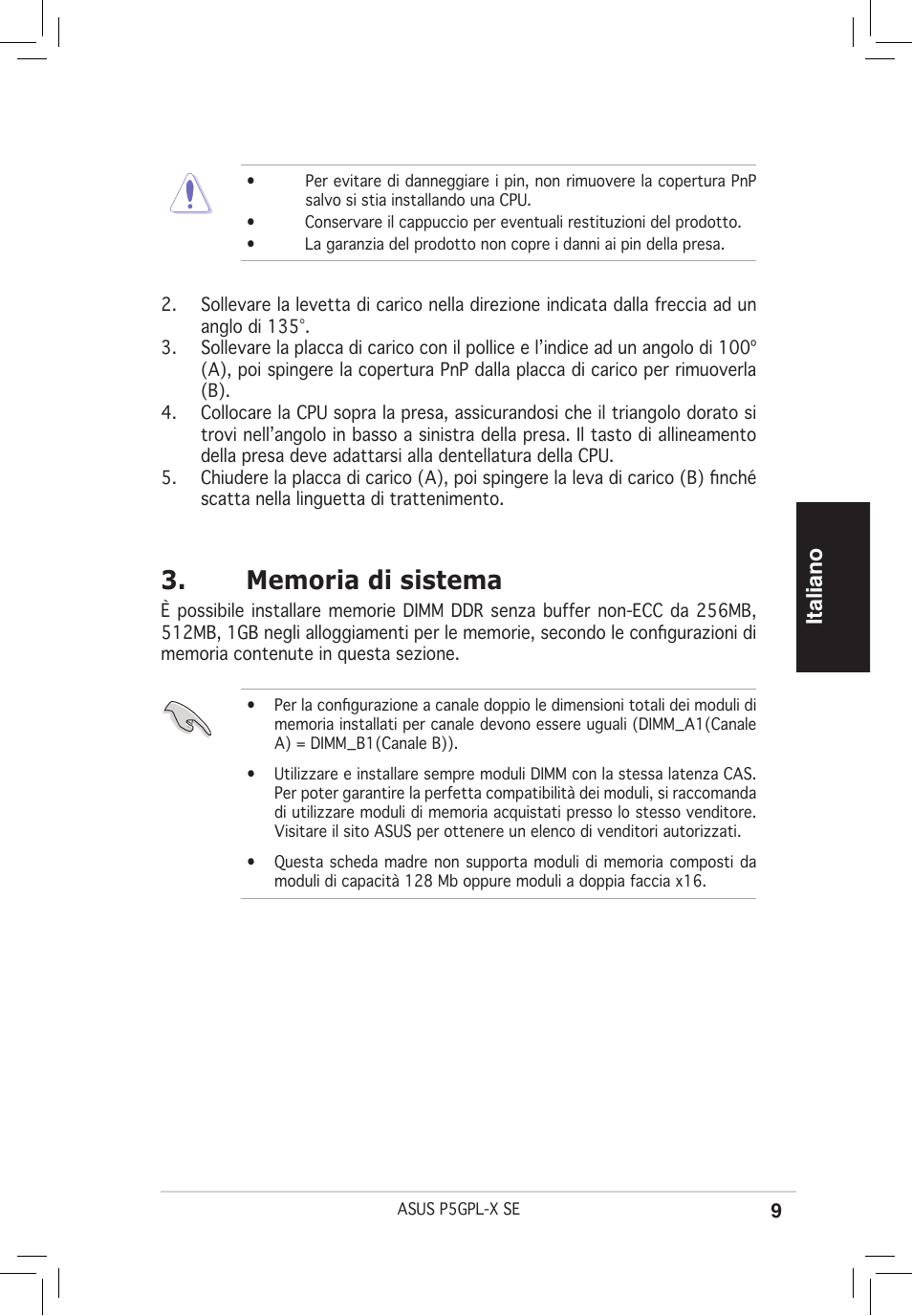 Italiano | Asus P5GPL-X SE User Manual | Page 9 / 38