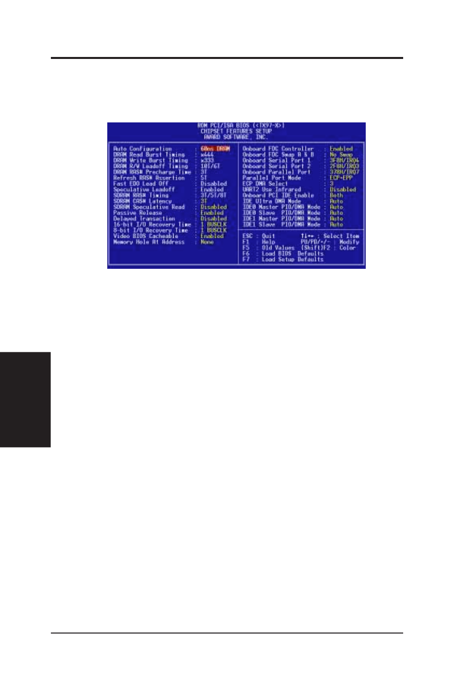 Iv. bios software, Chipset features setup | Asus TX97-X User Manual | Page 44 / 80