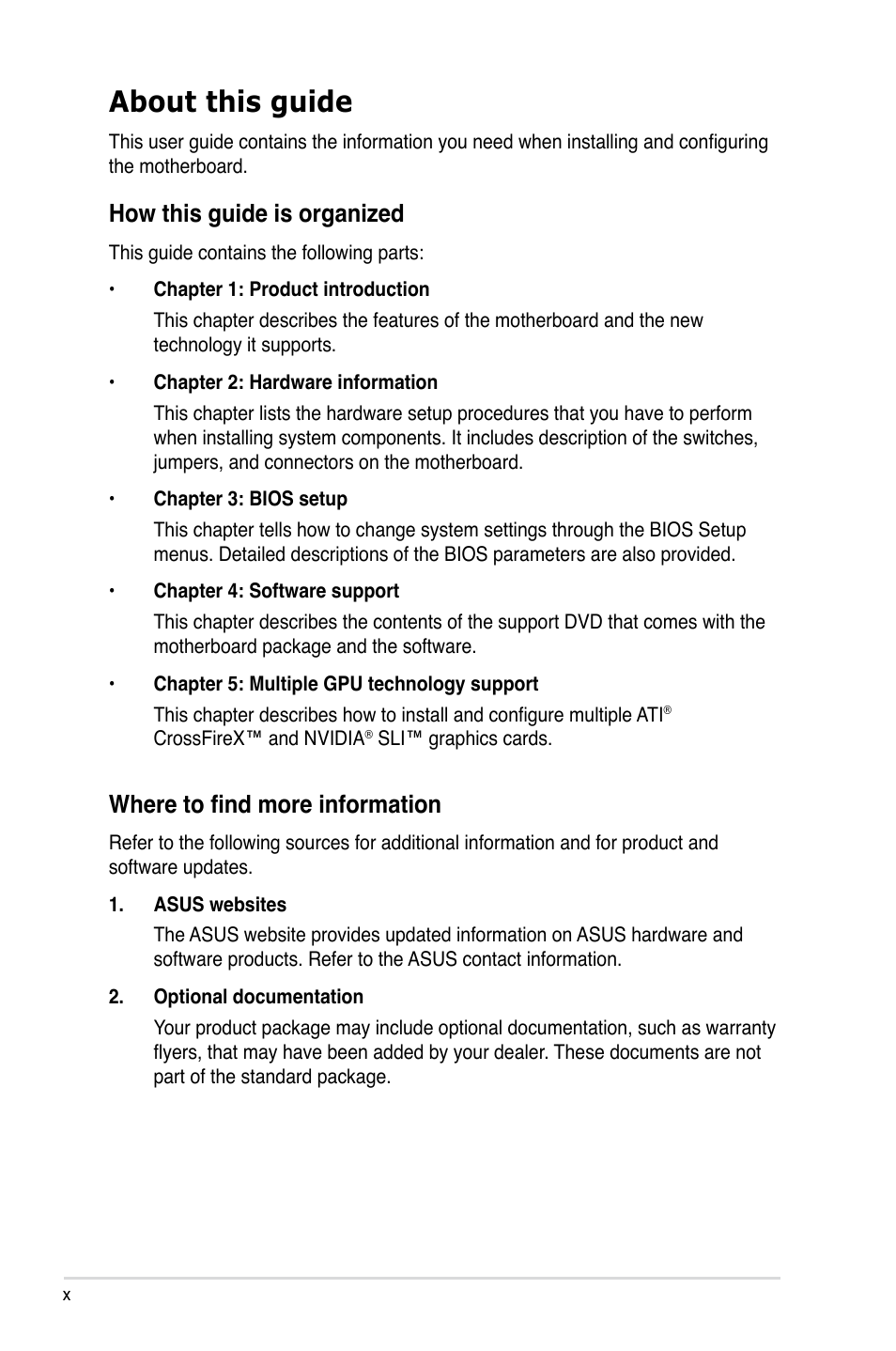 About this guide, How this guide is organized, Where to find more information | Asus P6T6 WS Revolution User Manual | Page 10 / 192