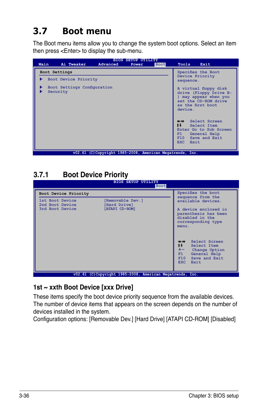 7 boot menu, 1 boot device priority, Boot menu -36 3.7.1 | Boot device priority -36, 1st ~ xxth boot device [xxx drive | Asus P6T6 WS Revolution User Manual | Page 102 / 192