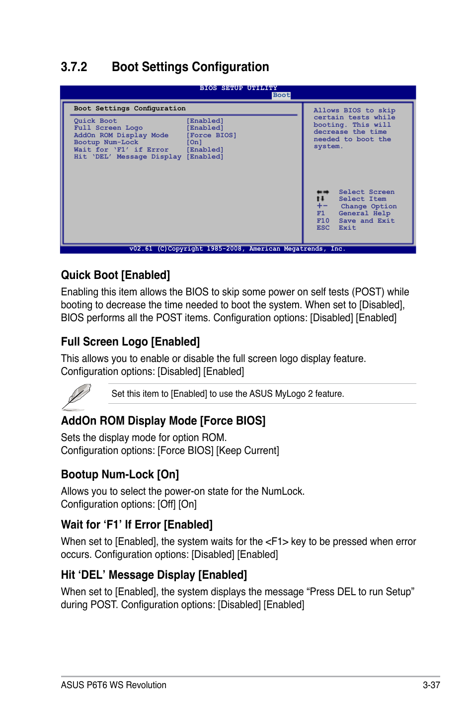 2 boot settings configuration, Boot settings configuration -37, Quick boot [enabled | Full screen logo [enabled, Addon rom display mode [force bios, Bootup num-lock [on, Wait for ‘f1’ if error [enabled, Hit ‘del’ message display [enabled | Asus P6T6 WS Revolution User Manual | Page 103 / 192