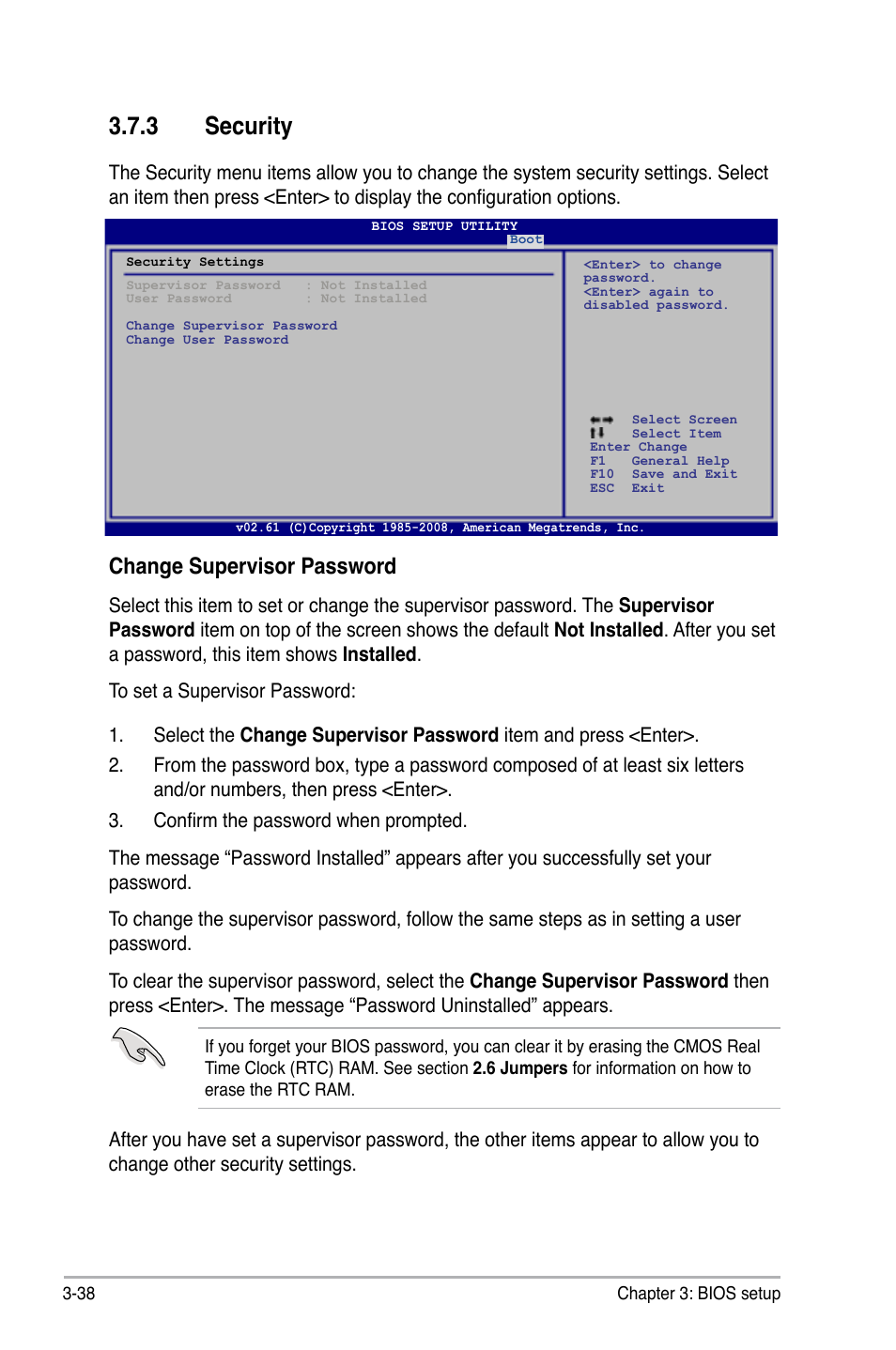 3 security, Security -38, Change supervisor password | Asus P6T6 WS Revolution User Manual | Page 104 / 192