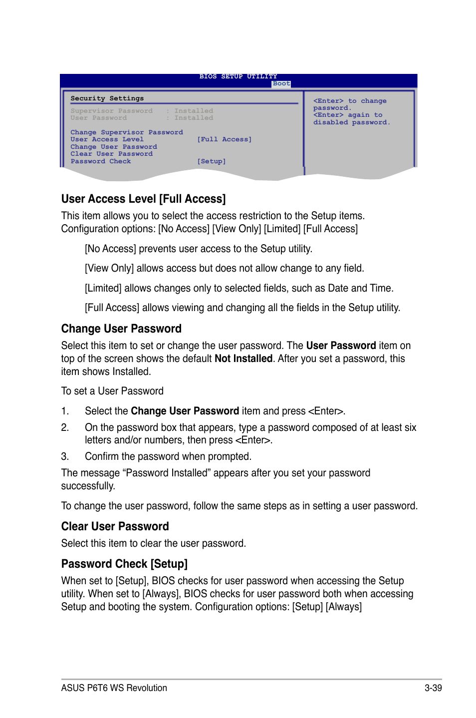 User access level [full access, Change user password, Clear user password | Password check [setup | Asus P6T6 WS Revolution User Manual | Page 105 / 192