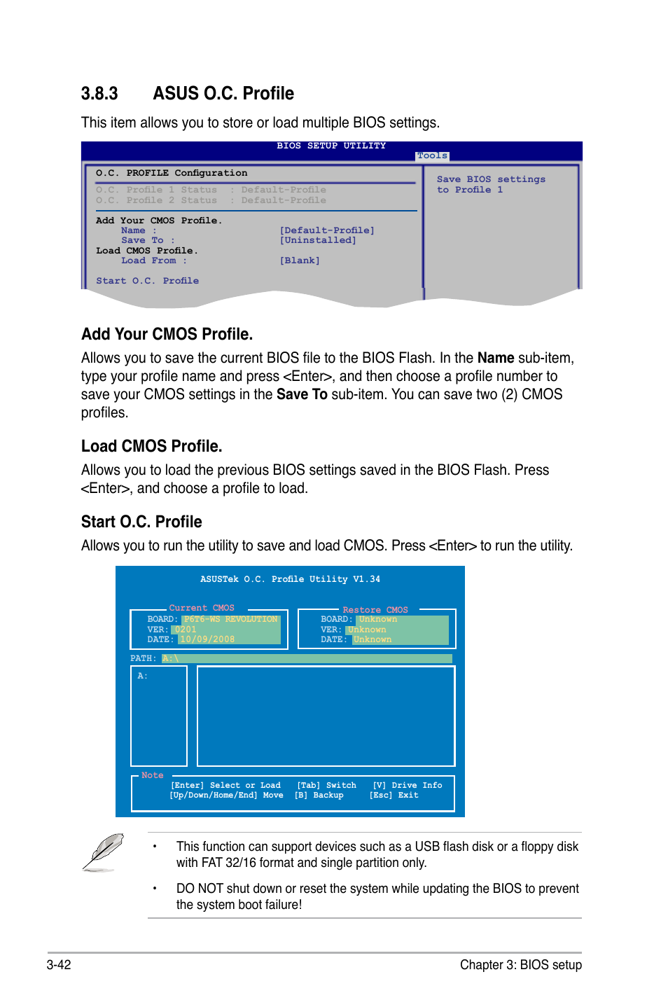 3 asus o.c. profile, Asus o.c. profile -42, Add your cmos profile | Load cmos profile, Start o.c. profile | Asus P6T6 WS Revolution User Manual | Page 108 / 192