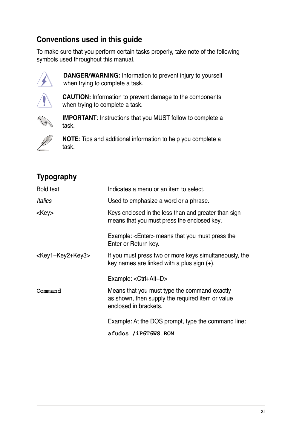 Conventions used in this guide, Typography | Asus P6T6 WS Revolution User Manual | Page 11 / 192