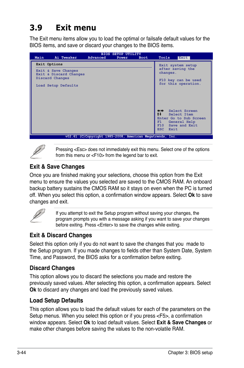 9 exit menu, Exit menu -44, Exit & save changes | Exit & discard changes, Discard changes, Load setup defaults | Asus P6T6 WS Revolution User Manual | Page 110 / 192