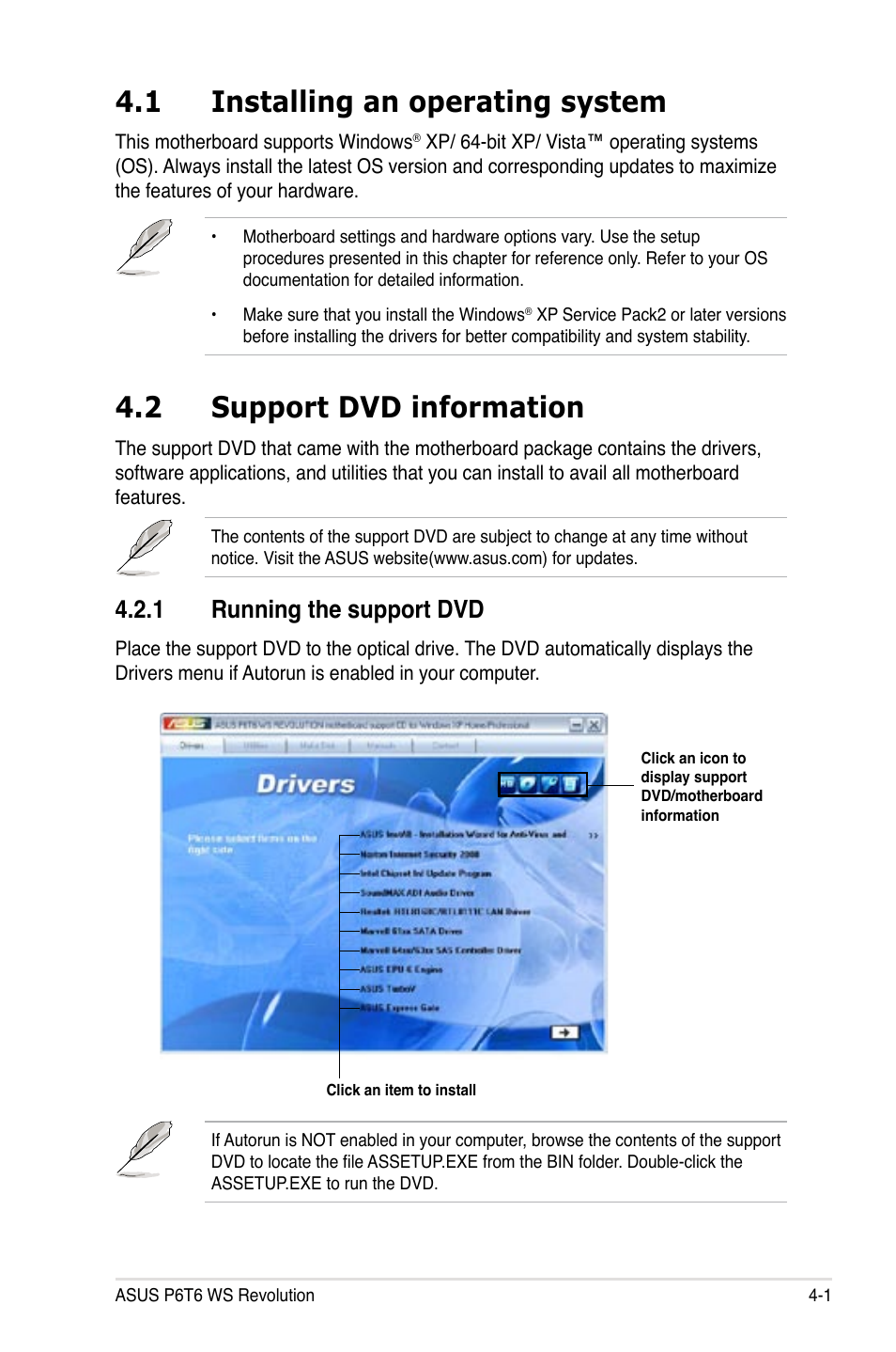 1 installing an operating system, 2 support dvd information, 1 running the support dvd | Installing an operating system -1, Support dvd information -1 4.2.1, Running the support dvd -1 | Asus P6T6 WS Revolution User Manual | Page 113 / 192