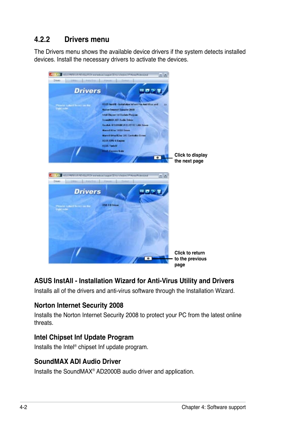 2 drivers menu, Drivers menu -2, Norton internet security 2008 | Intel chipset inf update program, Soundmax adi audio driver | Asus P6T6 WS Revolution User Manual | Page 114 / 192