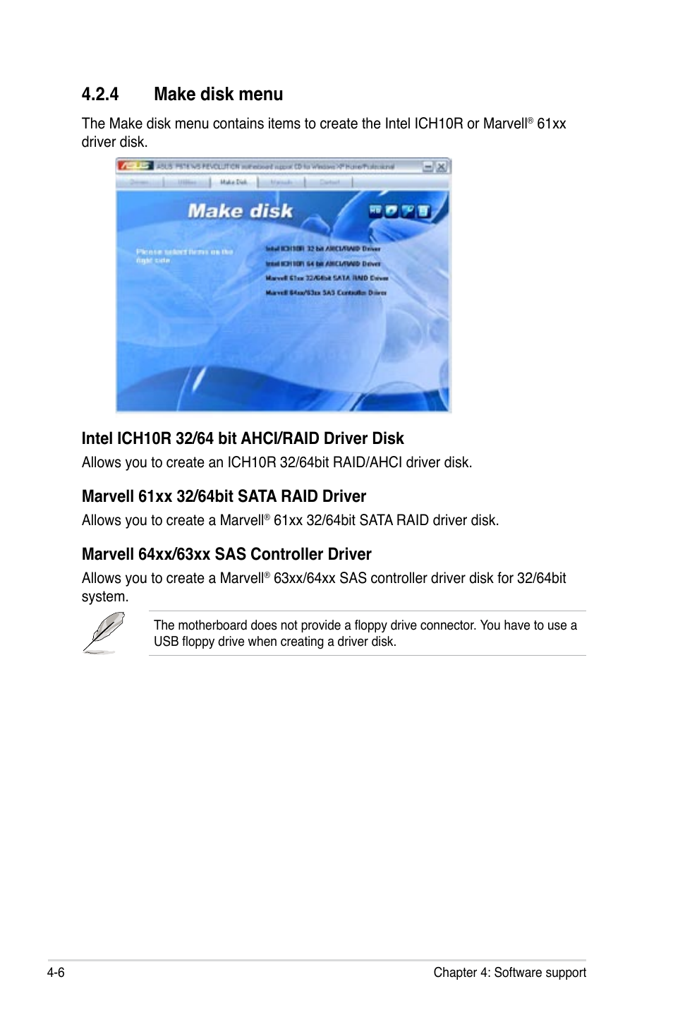 4 make disk menu, Make disk menu -6, Marvell 64xx/63xx sas controller driver | Asus P6T6 WS Revolution User Manual | Page 118 / 192