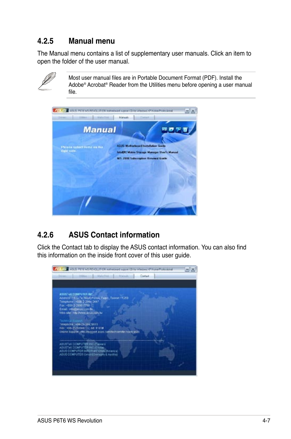 5 manual menu, 6 asus contact information, Manual menu -7 | Asus contact information -7 | Asus P6T6 WS Revolution User Manual | Page 119 / 192