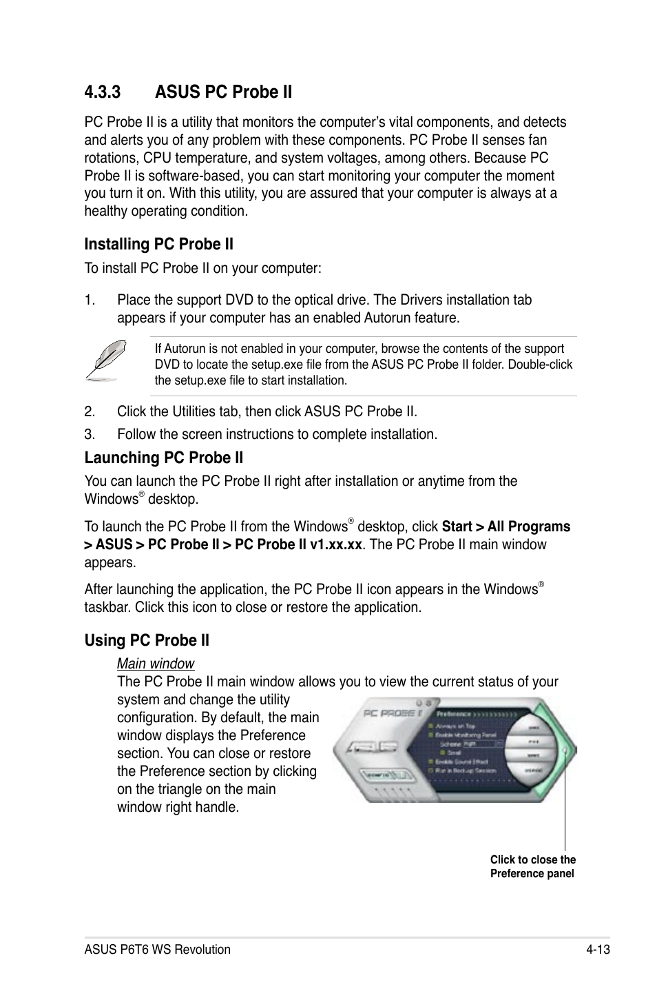 3 asus pc probe ii, Asus pc probe ii -13, Installing pc probe ii | Launching pc probe ii, Using pc probe ii | Asus P6T6 WS Revolution User Manual | Page 125 / 192