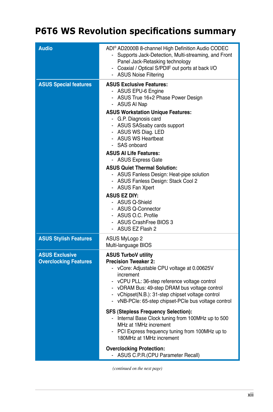 P6t6 ws revolution specifications summary | Asus P6T6 WS Revolution User Manual | Page 13 / 192