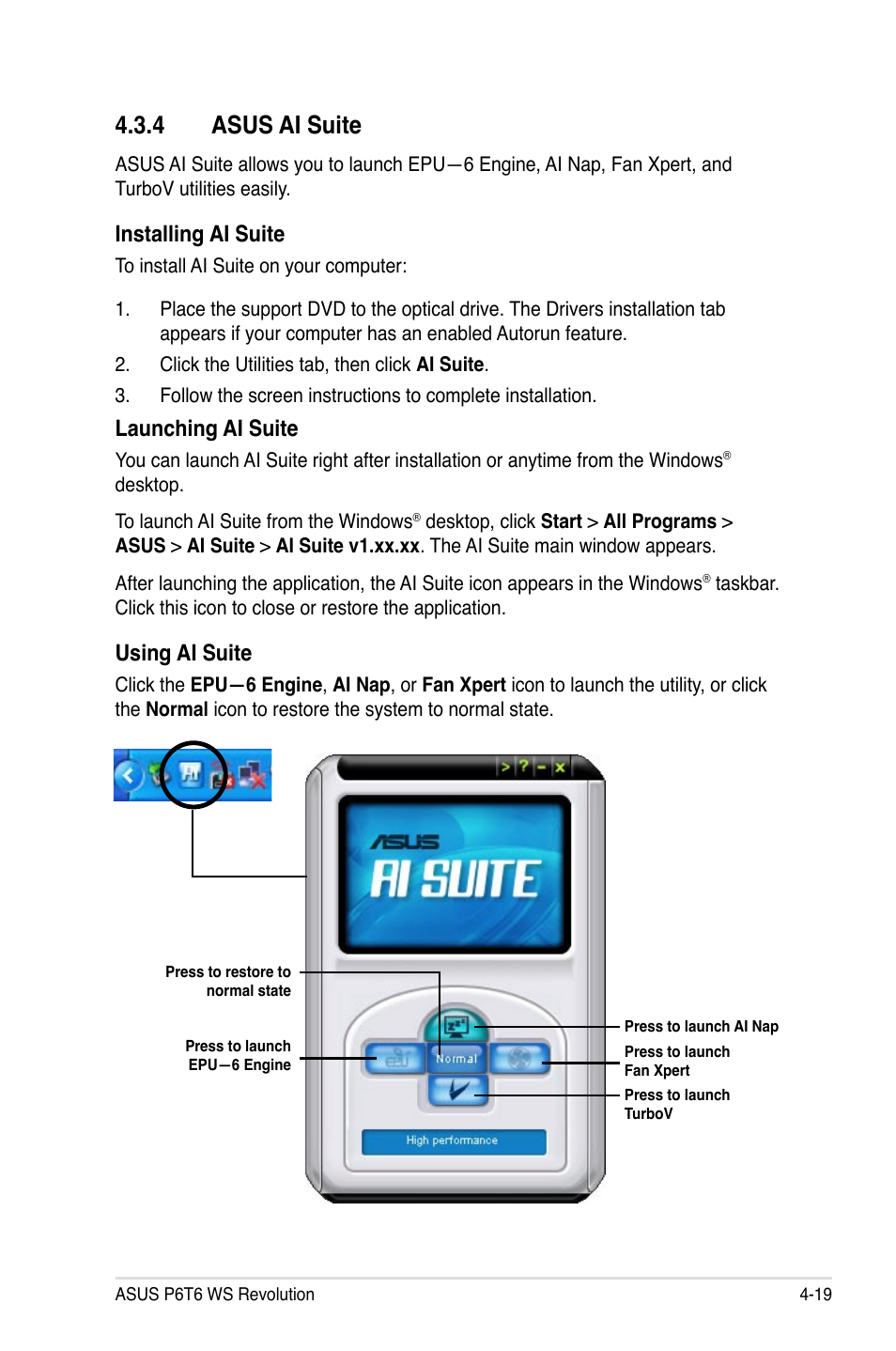 4 asus ai suite, 4 asus ai suite -19, Installing ai suite | Launching ai suite, Using ai suite | Asus P6T6 WS Revolution User Manual | Page 131 / 192