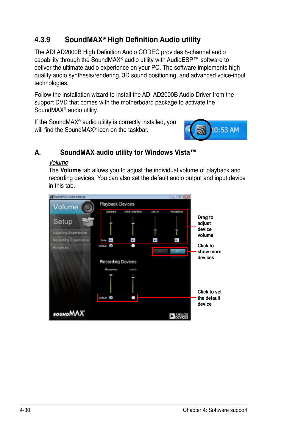 9 soundmax® high definition audio utility, Soundmax, High definition audio utility -30 | 9 soundmax, High definition audio utility, A. soundmax audio utility for windows vista | Asus P6T6 WS Revolution User Manual | Page 142 / 192