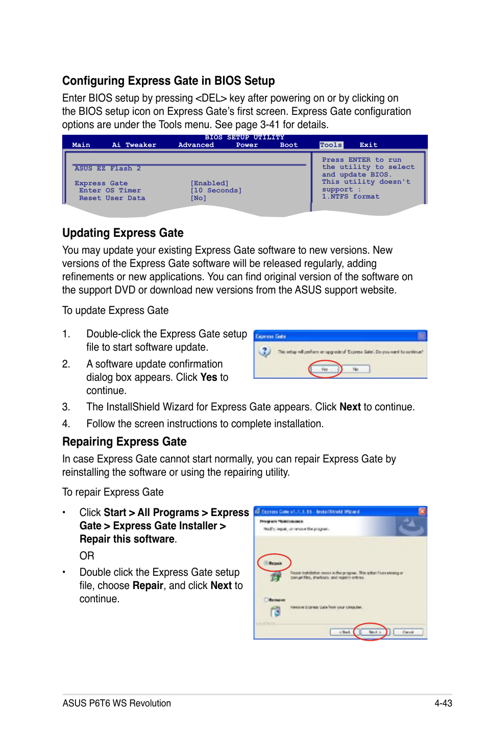 Configuring express gate in bios setup, Updating express gate, Repairing express gate | Asus P6T6 WS Revolution User Manual | Page 155 / 192