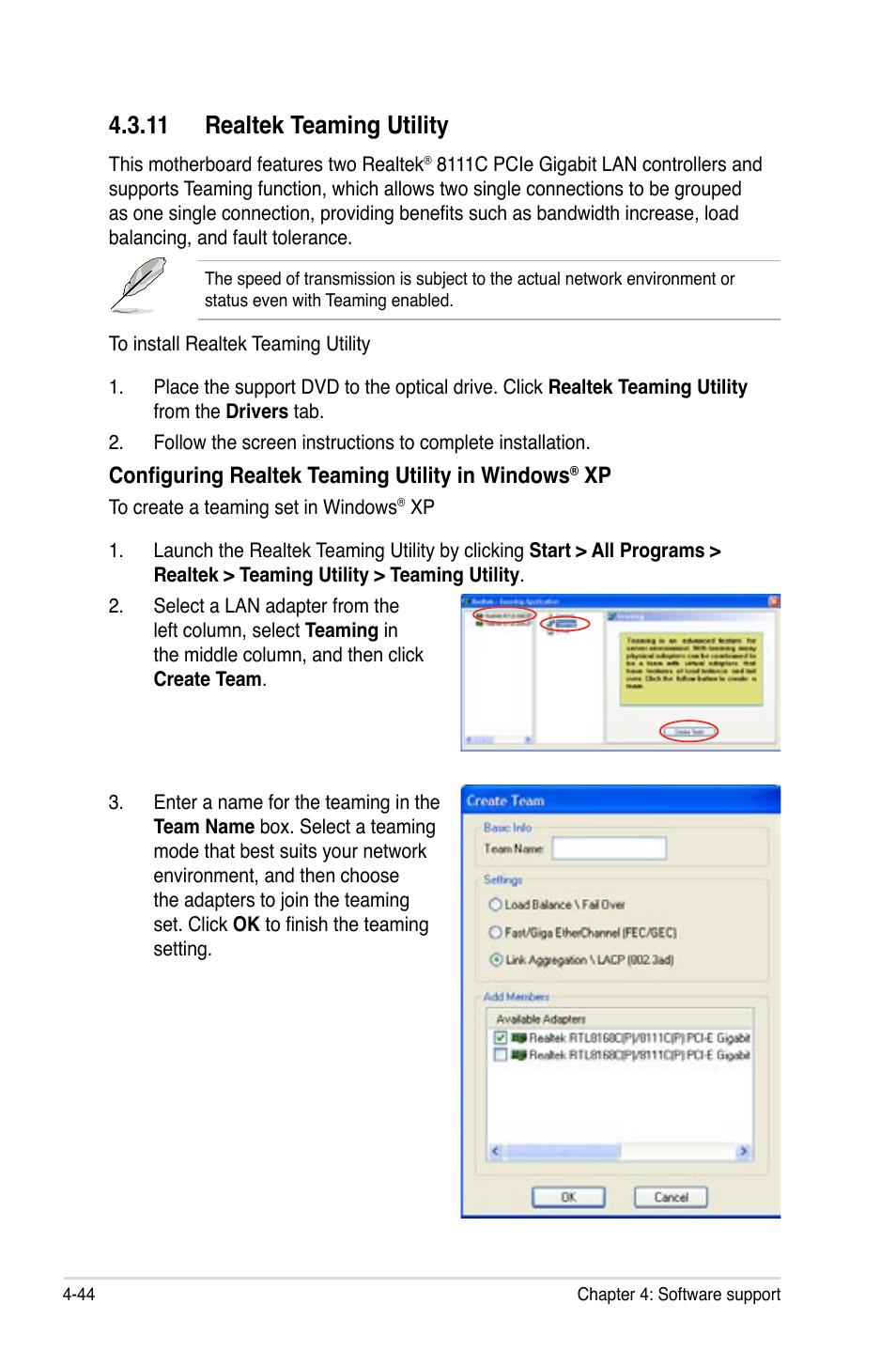 11 realtek teaming utility, 11 realtek teaming utility -44, Configuring realtek teaming utility in windows | Asus P6T6 WS Revolution User Manual | Page 156 / 192