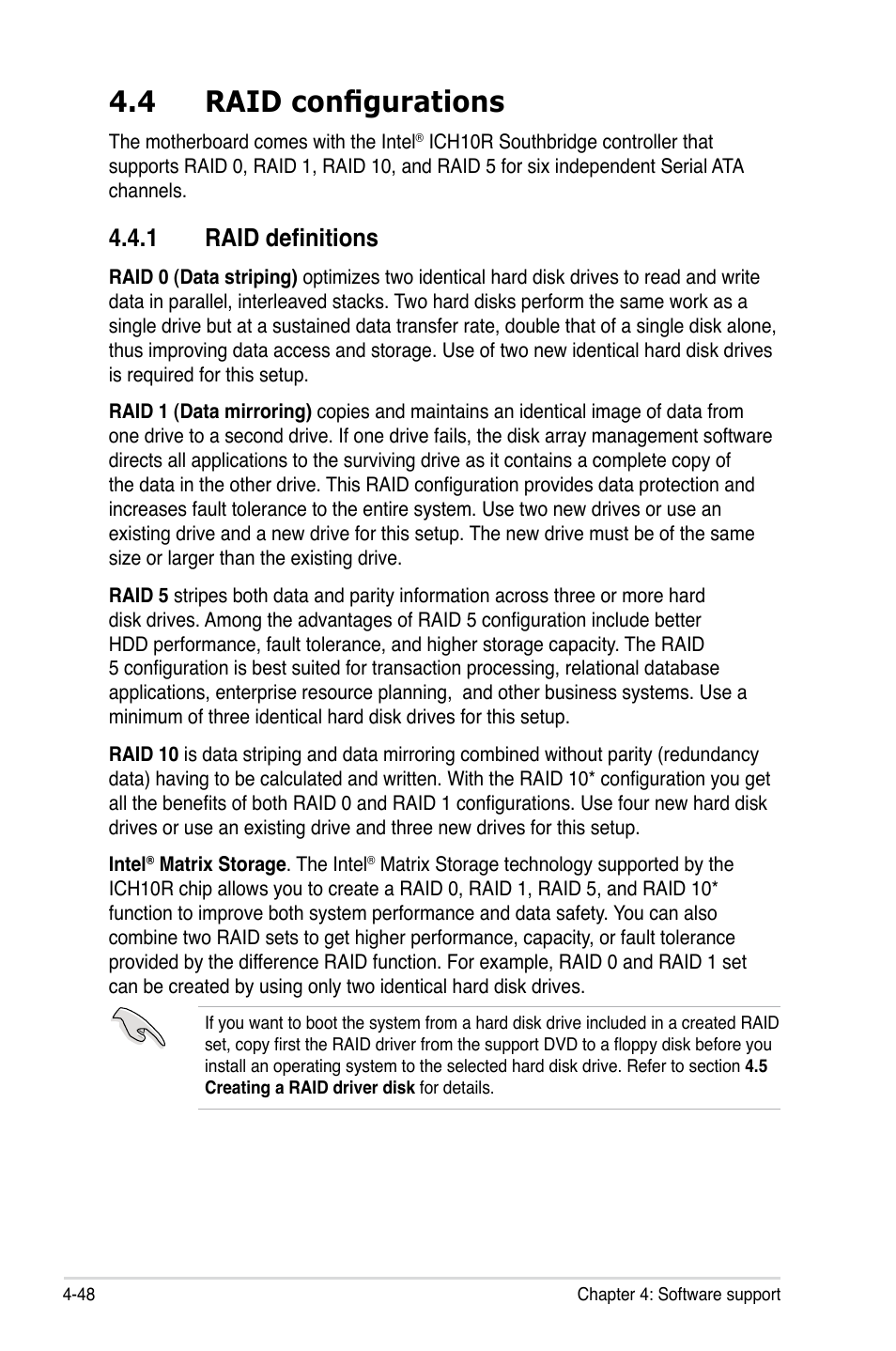 4 raid configurations, 1 raid definitions, Raid configurations -48 4.4.1 | Raid definitions -48 | Asus P6T6 WS Revolution User Manual | Page 160 / 192