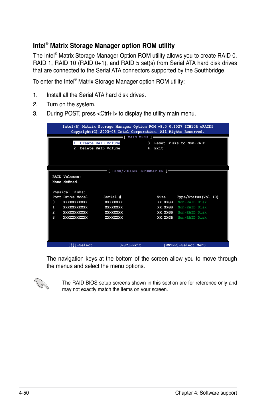 Intel, Matrix storage manager option rom utility, The intel | Asus P6T6 WS Revolution User Manual | Page 162 / 192